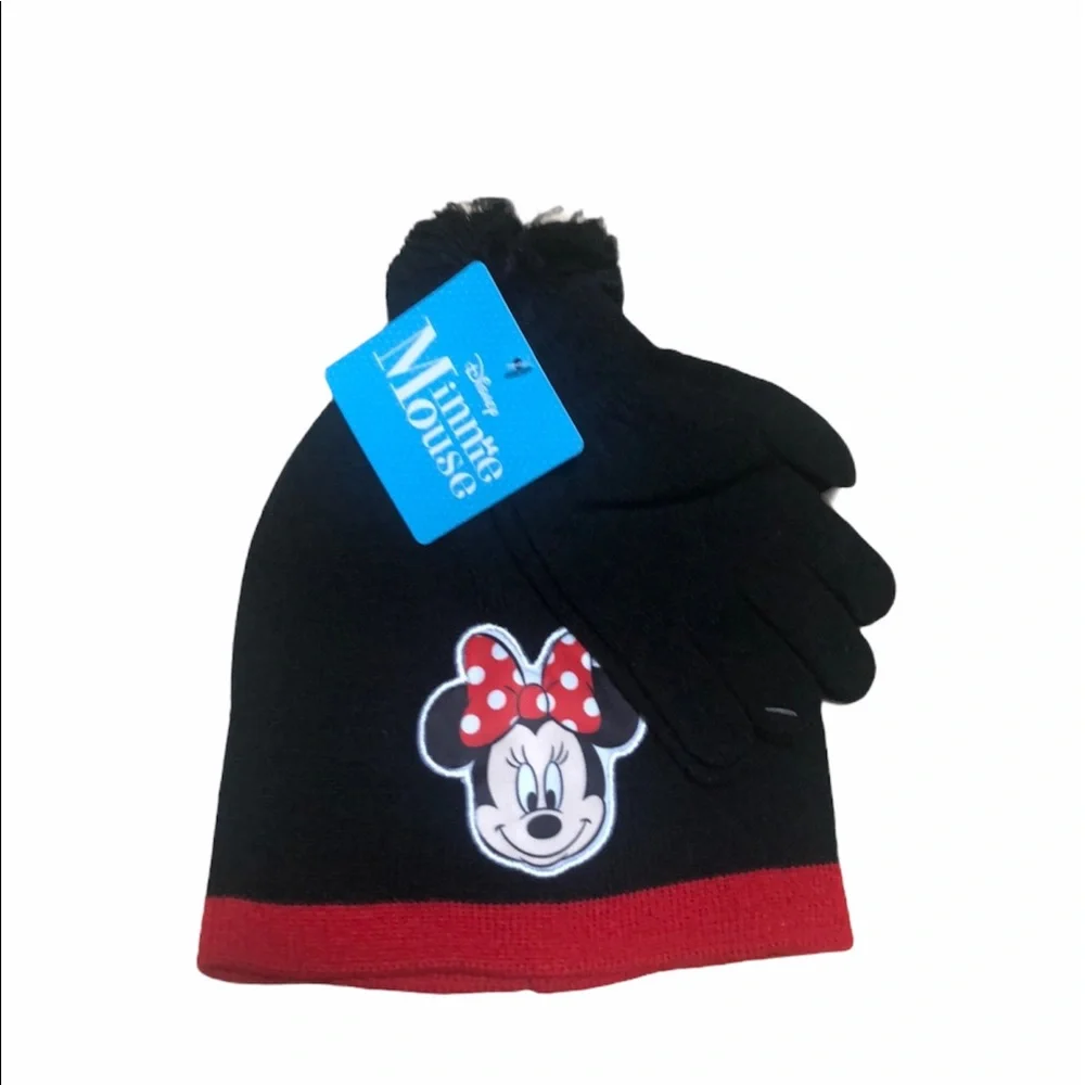 Minnie‎ Mouse Black Red Pom Pom Hat Glove Set NWT